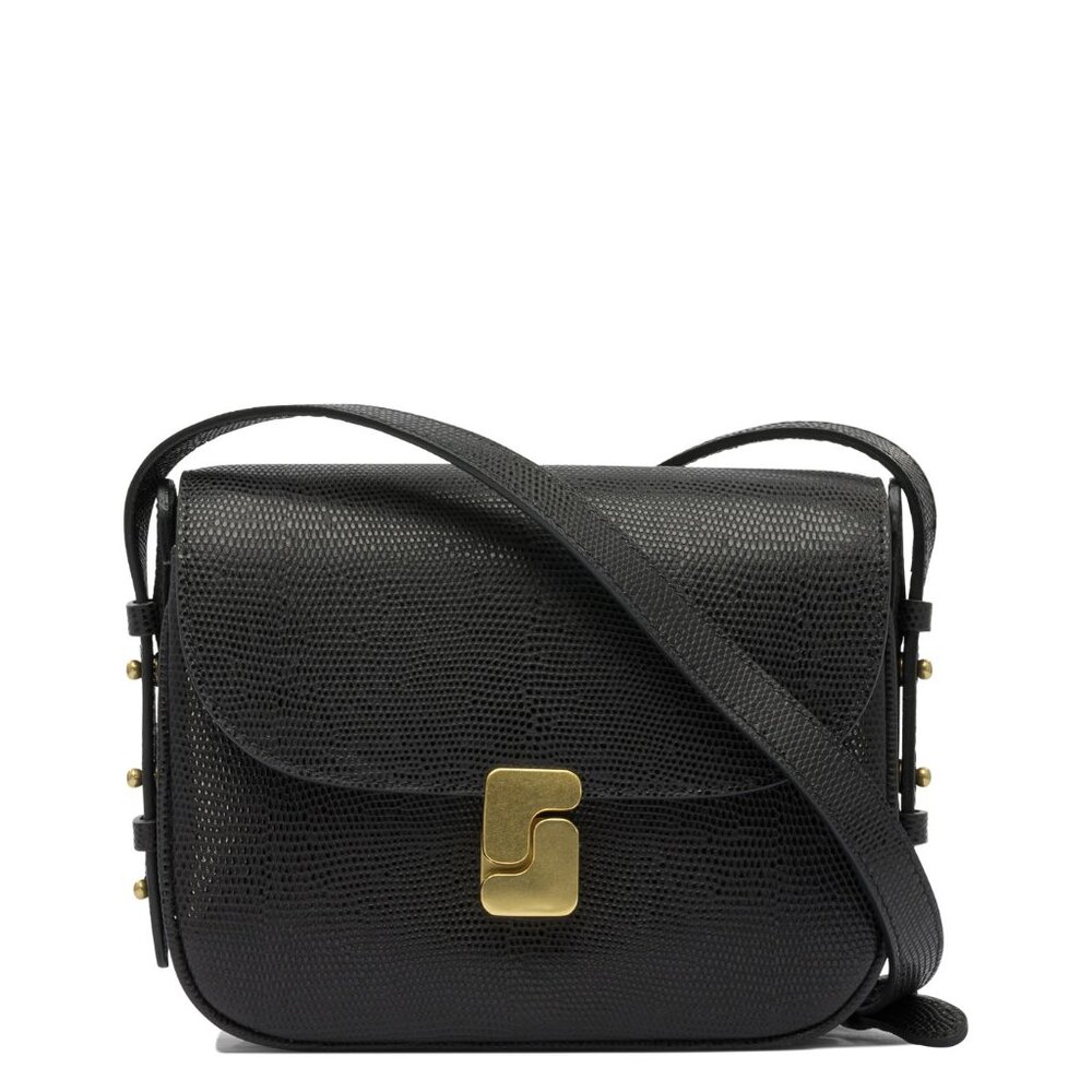 soeur Black Textured Leather Crossbody Bag with Gold Hardware